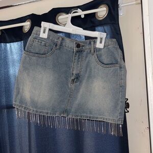 Sincerely Jules Blue Denim Mini Skirt with Fringe